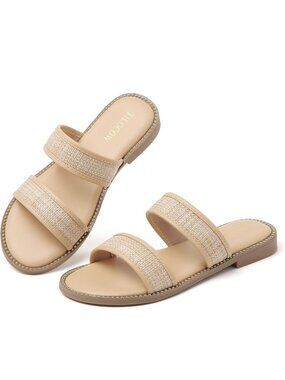 🆕 Women's Beige Tweed Woven Studded Flat Two Strap Slide Sandals